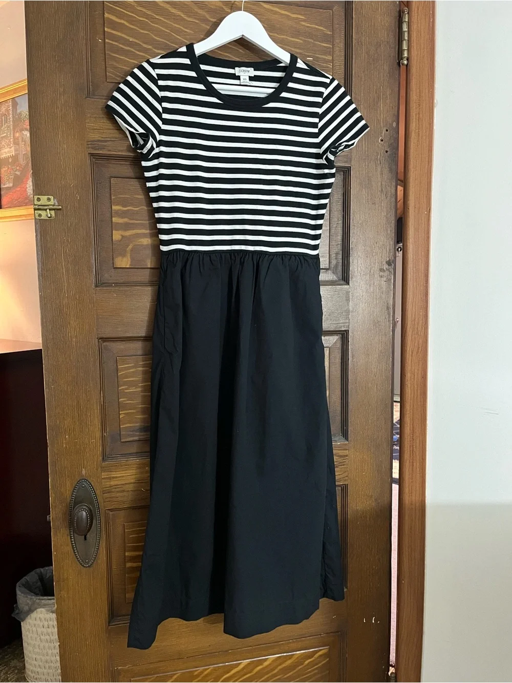 J. Crew Mixed Media Black & White Striped Short-Sleeve Midi Dress